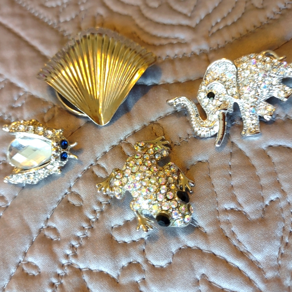 Brooches & Scarf Clip.  Frog, Elephant, Lady Bug, Shell.  Silver and Rhinestones
